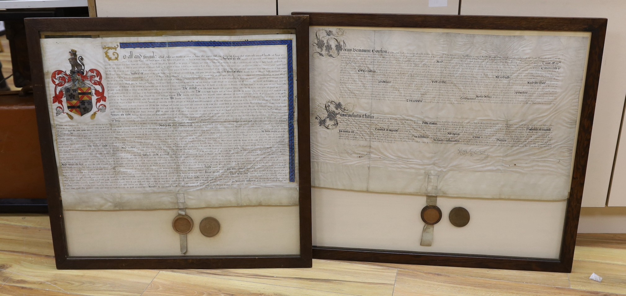 Two documents relating to a grant of arms to Edward Sebright of Blakeshall in Wolverley, Worcestershire, gentleman, April 1580